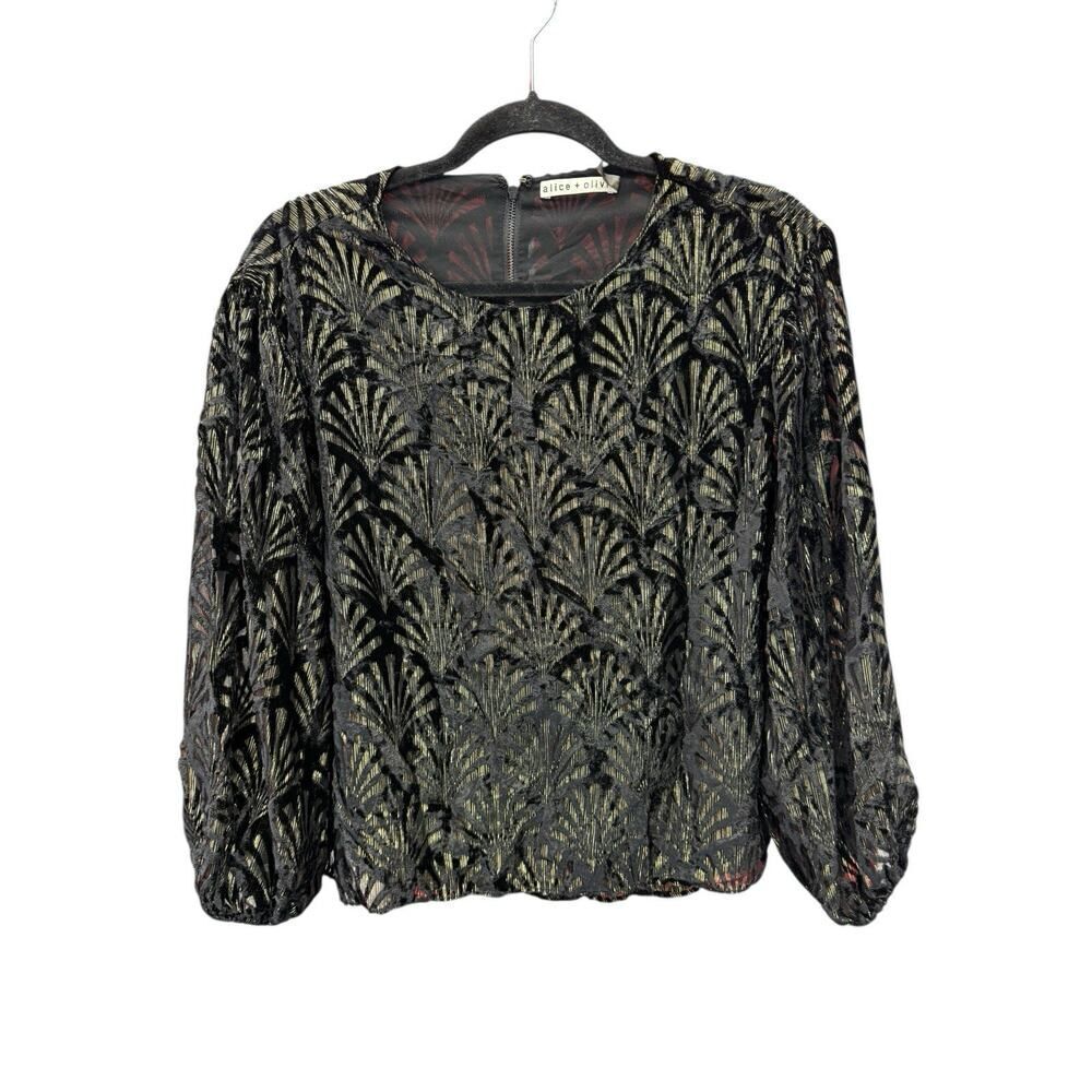 Alice + Olivia Black Metallic Art Deco Blouse Small 3/4 Sleeve Party Top - Picture 2 of 12